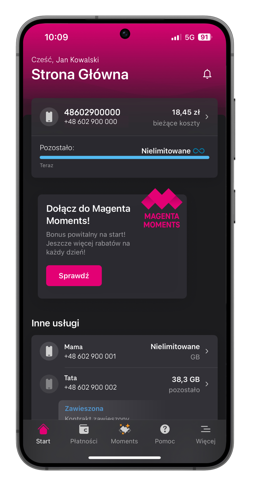 Ilustracja telefonu z włączoną aplikacją Mój T-Mobile